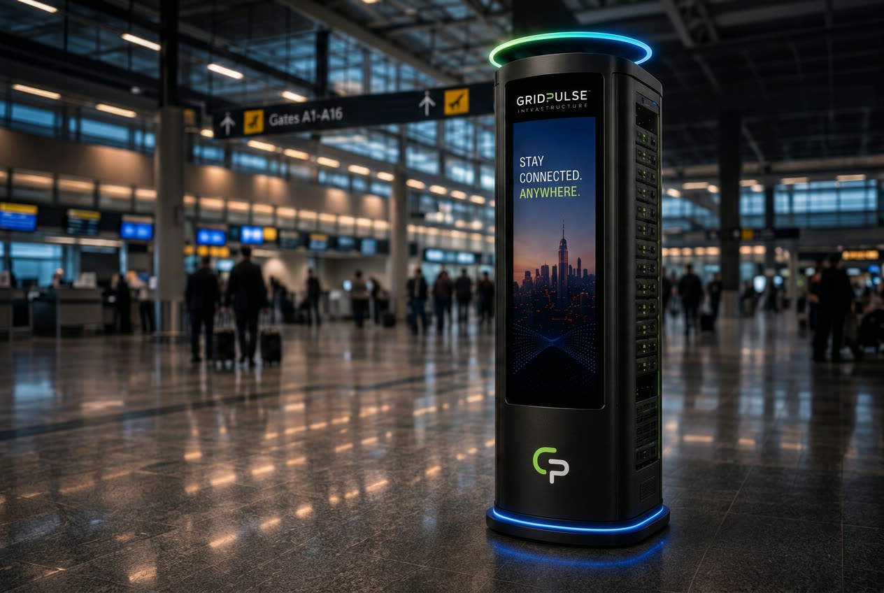 Cinematic rendering of the GridPulse Tower™ — cylindrical matte black kiosk with Beacon halo and vertical digital display