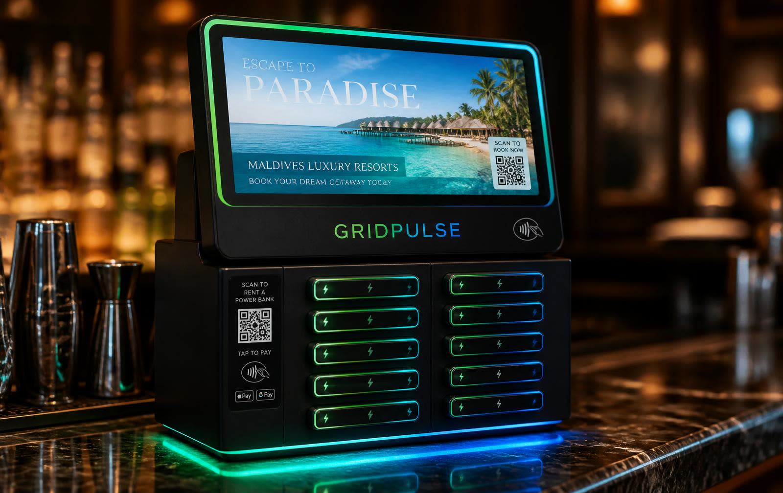 GridPulse Mini Hub™ on a marble bar in a luxury restaurant