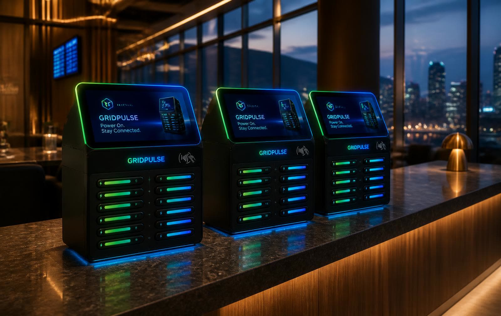 GridPulse Mini Hub™ on a concierge counter in a premium airport lounge